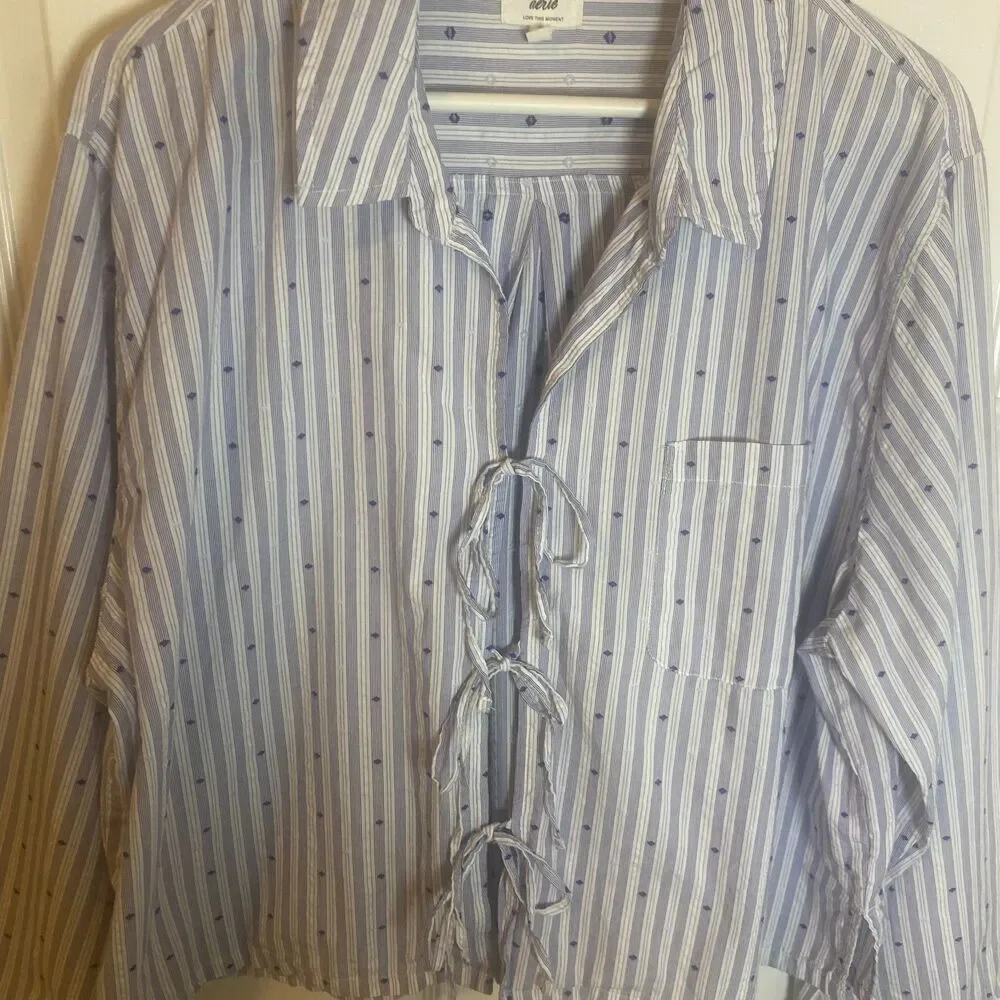 Aerie Off-Duty Poplin Tie Front Pajama Shirt Sz XL Blue Loungewear Streetwear